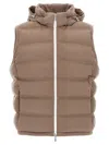 Brunello Cucinelli Men Sleeveless Wool Down Jacket With Detachable Hood In Brown