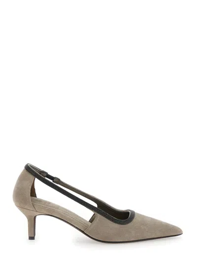 Brunello Cucinelli Suede Monili-detail Pumps 55 In Grey