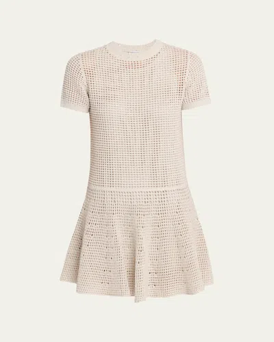 Brunello Cucinelli Pailette Open Knit Drop-waist Short-sleeve Mini Dress In Neutral