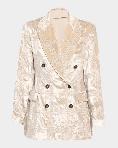 Brunello Cucinelli Pailette Prince Of Wales Shiny Velvet Double-breasted Jacket In Brown