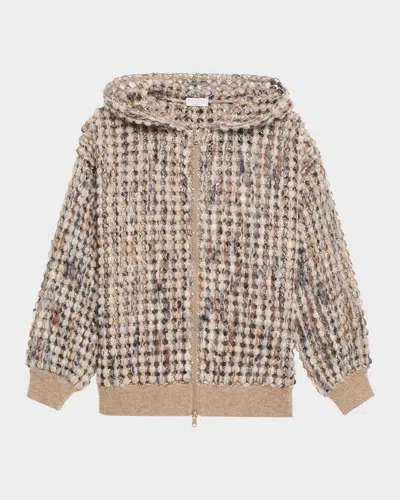 BRUNELLO CUCINELLI PAILETTE WOOL-CASHMERE NET BALLOON-SLEEVE ZIP HOODIE