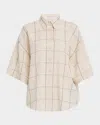 BRUNELLO CUCINELLI PAILLETTE CHECK LIGHT LINEN BUTTON-DOWN SHIRT