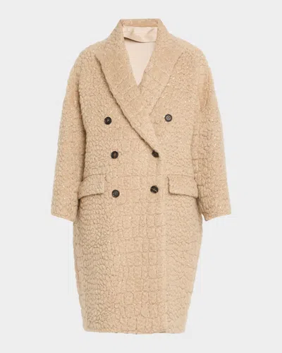 Brunello Cucinelli Paillette Crocco-effect Mohair Double-breasted Overcoat In Brown