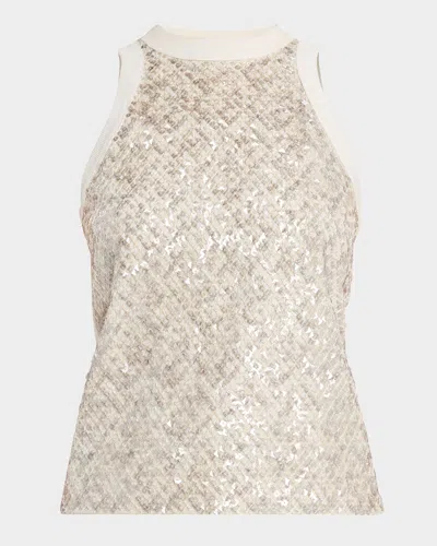 Brunello Cucinelli Paillette Embroidered Jersey Tank Top In C9443 Warm White