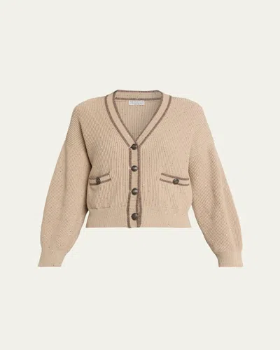 Brunello Cucinelli Paillette English Rib V-neck Cardigan In Neutral