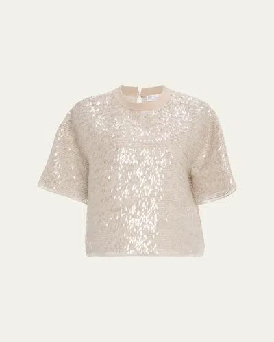 Brunello Cucinelli Paillette Fringe Crispy Silk Chiffon T-shirt In Neutral