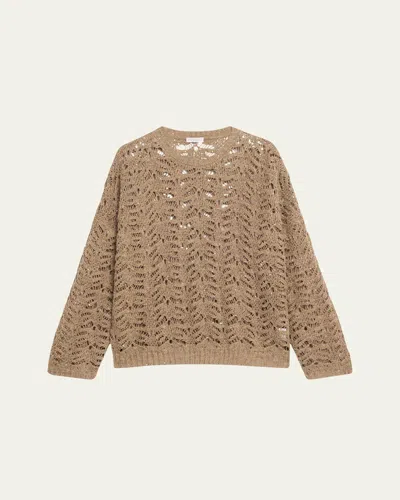 Brunello Cucinelli Paillette Lace Knit Crewneck Sweater In Chocolate