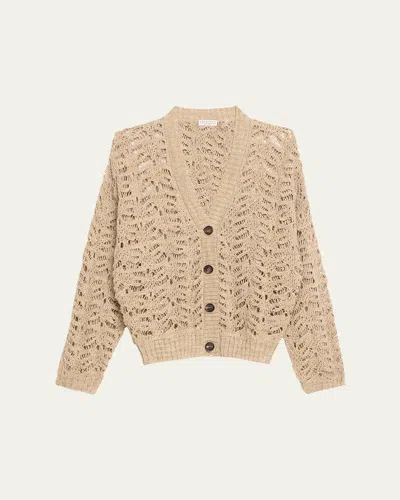 Brunello Cucinelli Paillette Lace Knit V-neck Cardigan In Beige
