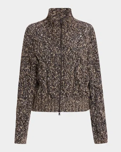 Brunello Cucinelli Paillette Marbled Mohair Cable Knit Zip Cardigan In Brown