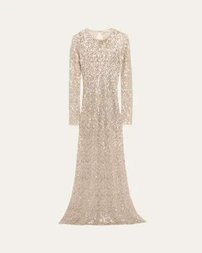 Brunello Cucinelli Paillette Net Knit Long-sleeve Maxi Dress In Beige