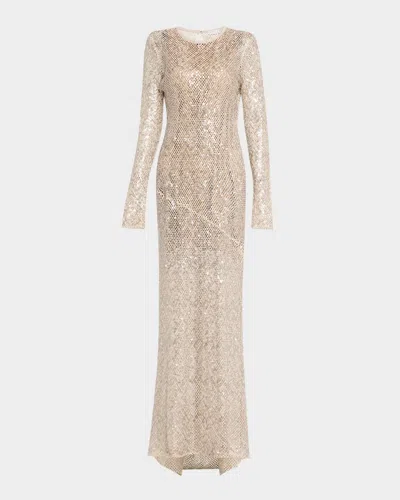 BRUNELLO CUCINELLI PAILLETTE NET KNIT LONG-SLEEVE MAXI DRESS