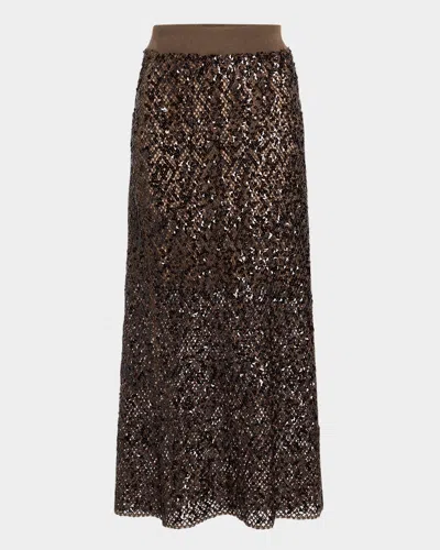Brunello Cucinelli Paillette Net Knit Midi Skirt In Clg49 Chocolate