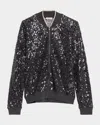 Brunello Cucinelli Paillette Net Knit Zip Bomber Cardigan In Navy
