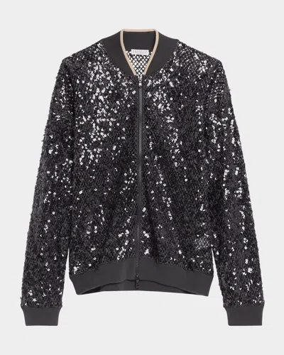 BRUNELLO CUCINELLI PAILLETTE NET KNIT ZIP BOMBER CARDIGAN