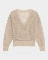 Brunello Cucinelli Paillette Open Knit V-neck Sweater In Beige
