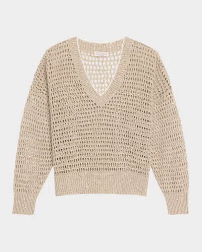 Brunello Cucinelli Paillette Open Knit V-neck Sweater In Beige