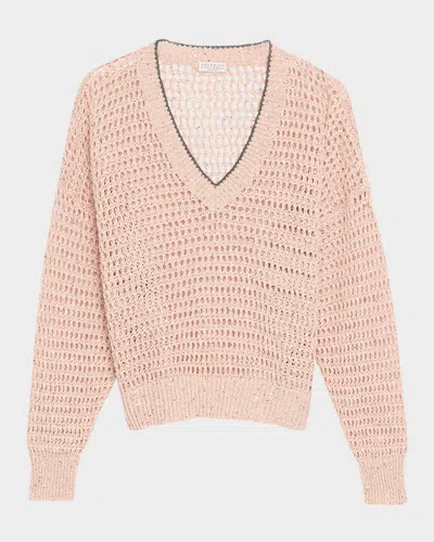 Brunello Cucinelli Paillette Open Knit Sweater In Pink