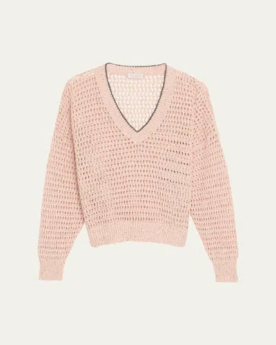 BRUNELLO CUCINELLI PAILLETTE OPEN KNIT V-NECK SWEATER
