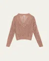Brunello Cucinelli Paillette Open Work Ribbed V-neck Sweater In Brownie Rose