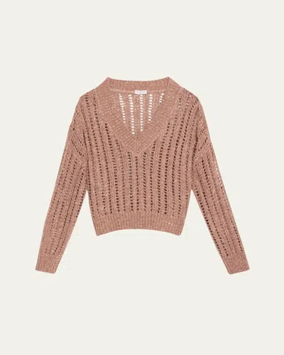 Brunello Cucinelli Paillette Open Work Ribbed V-neck Sweater In Brownie Rose