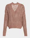 Brunello Cucinelli Paillette Open Work Ribbed V-neck Sweater In Brownie Rose
