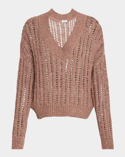 BRUNELLO CUCINELLI PAILLETTE OPEN WORK RIBBED V-NECK SWEATER