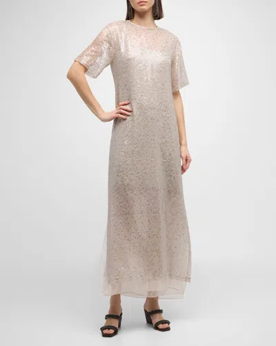 Brunello Cucinelli Paillette Overlay Short-sleeve Slits-hem Crispy Silk Gown In Neutral