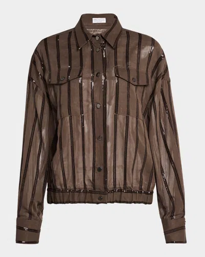 Brunello Cucinelli Paillette Striped Cotton Gauze Shirt Jacket In C8705 Chocolate