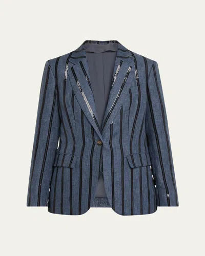 Brunello Cucinelli Paillette Striped Denim-effect Linen Single-breasted Blazer In Denim Blue