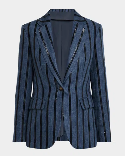 Brunello Cucinelli Paillette Striped Denim-effect Linen Single-breasted Blazer In Blue