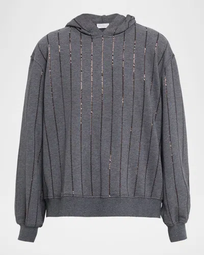 Brunello Cucinelli Paillette Striped Hooded Sweatshirt In Gray