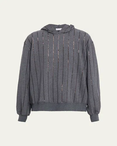 Brunello Cucinelli Paillette Striped Hooded Sweatshirt In Gray