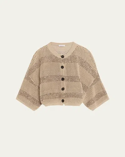 Brunello Cucinelli Paillette Striped Open-knit Short-sleeve Cardigan In Neutral