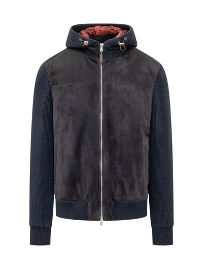 Brunello Cucinelli Paint-detail Leather Jacket For Fall/winter 2026 In Navy