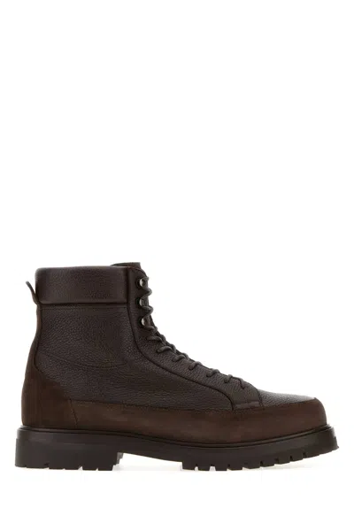 Brunello Cucinelli Lace-up Deer Leather And Suede Ankle Boots In Brown