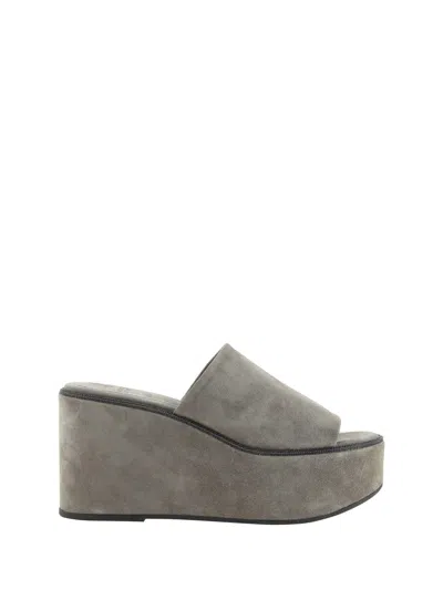 Brunello Cucinelli Suede Slide Wedge Platform Sandals In Beige