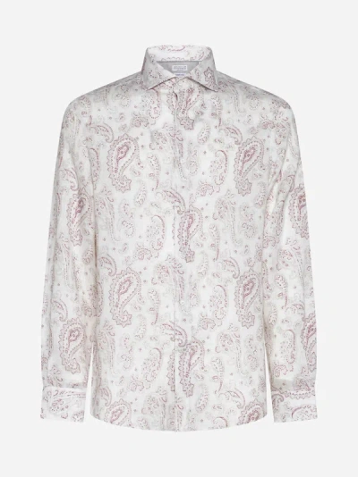 Brunello Cucinelli Men's Paisley Linen Easy Fit Shirt With Spread Collar In White,raspberry