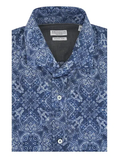 Brunello Cucinelli Intricate Paisley Print Cotton Shirt In Blue