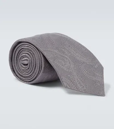 Brunello Cucinelli Paisley Silk Twill Tie In Gray