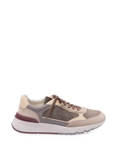 Brunello Cucinelli Bicolor Suede And Leather Low-top Sneakers With Serrated Sole In Multi