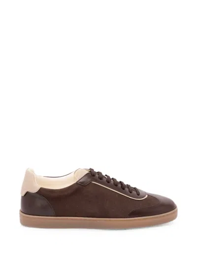 Brunello Cucinelli Low-top Leather And Suede Sneakers With Contrasting Details In Brown