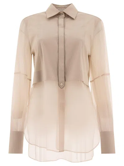 Brunello Cucinelli Panelled Long-sleeved Poplin Shirt In Neutral