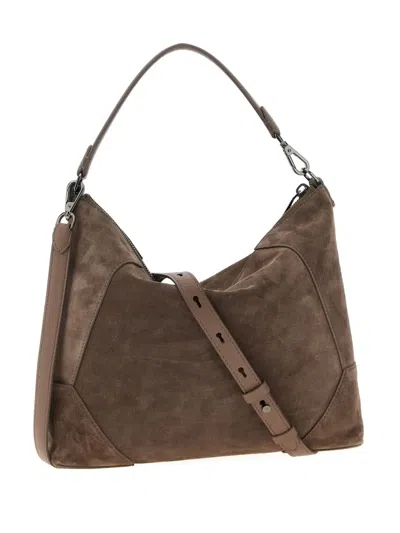 Brunello Cucinelli Panelled Top-zip Shoulder Bag In Brown