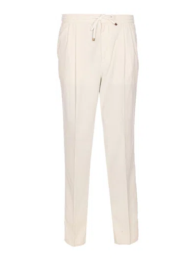 Brunello Cucinelli Men Leisure Fit Trousers In Ribbed Velvet With Drawstring And Double Pince In Neutral