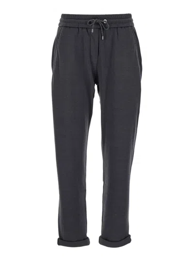 BRUNELLO CUCINELLI GREY PANTS WITH ELASTIC WAISTBAND AND MONILE IN COTTON AND SILK BLEND WOMAN