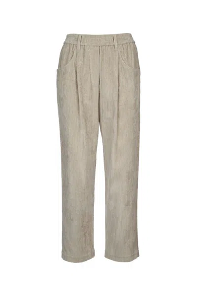 Brunello Cucinelli Women Beige Pants With Belt Loops In Ribbed Velvet Woman In Multi