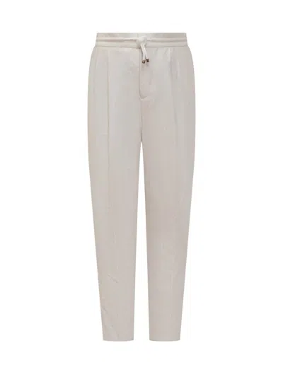 Brunello Cucinelli Men Ivory Linen Leisure Fit Trousers In Gray