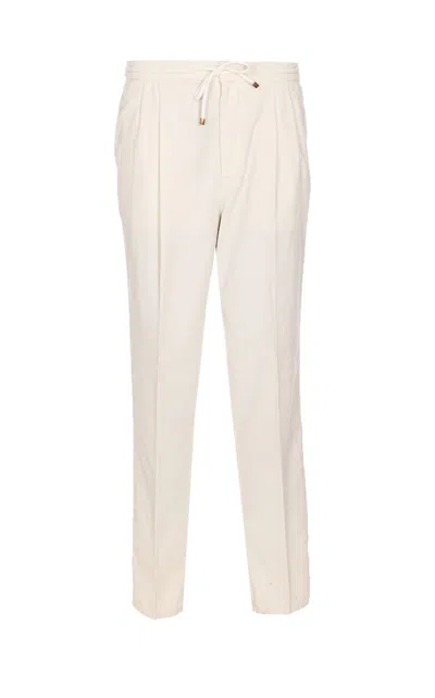 Brunello Cucinelli Men Leisure Fit Trousers In Ribbed Velvet With Drawstring And Double Pince In Neutral