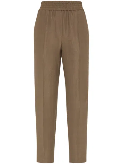 BRUNELLO CUCINELLI VISCOSE AND LINEN FLUID TWILL BAGGY PULL-ON PANTS