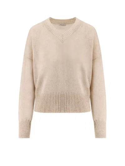 Brunello Cucinelli Paper Yarn And Mohair Sweater With Lurex Effect In Beige